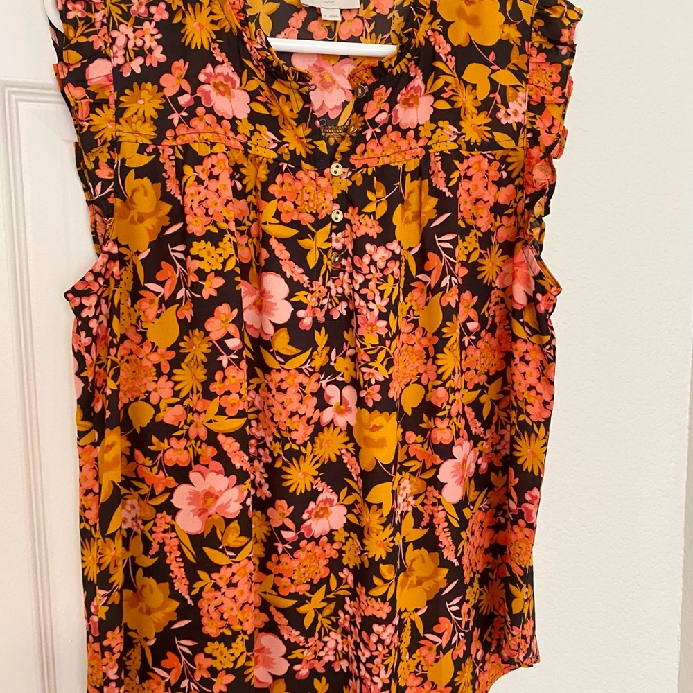 LOFT Orange and Gold Ruffled Blouse with Mandarin Collar